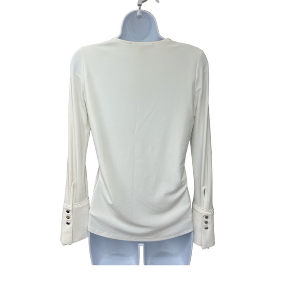 SzXXS White House Black Market White Long Sleeve Button Sleeve Top V Neck - Picture 5 of 6
